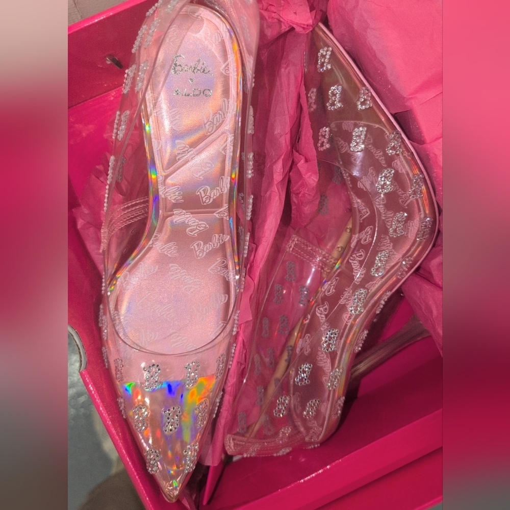 Barbie x Aldo Limited Edition Pinkish Clear Heels with Silver Accents Size 8.5 - Picture 2 of 3